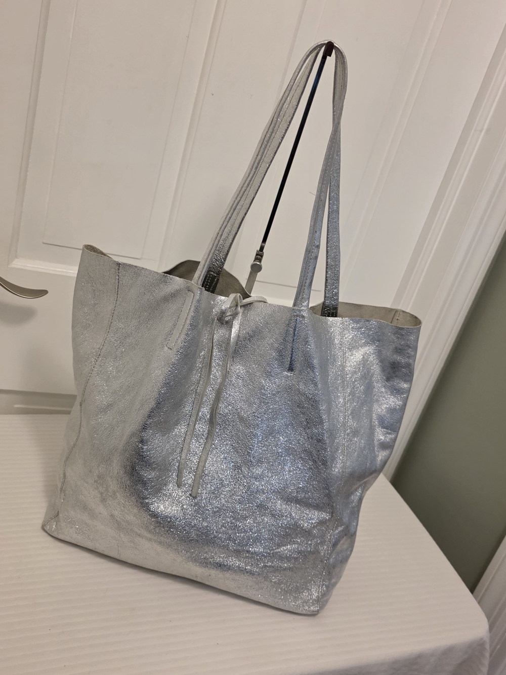 Silver Metallic Leather Tote Bag for Women Tie Close Stylish, Shiny Soft